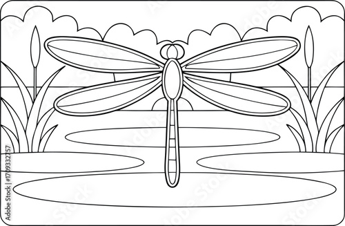 A dragonfly rests peacefully by a pond at sunset in a minimalist nature scene