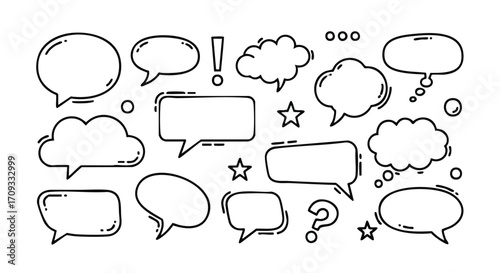 Dynamic collection of diverse speech bubbles, thought clouds, and punctuation for creative communication design