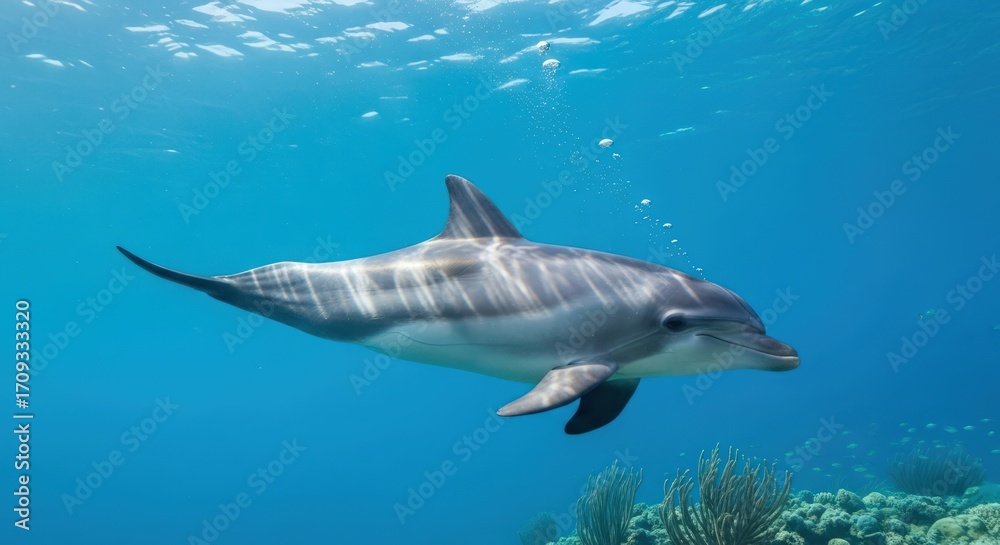 Fototapeta premium A striped dolphin swimming in clear blue water near coral reefs.