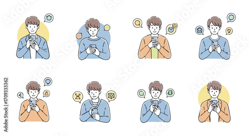 Young man happily using smartphone with social media icons for modern communication