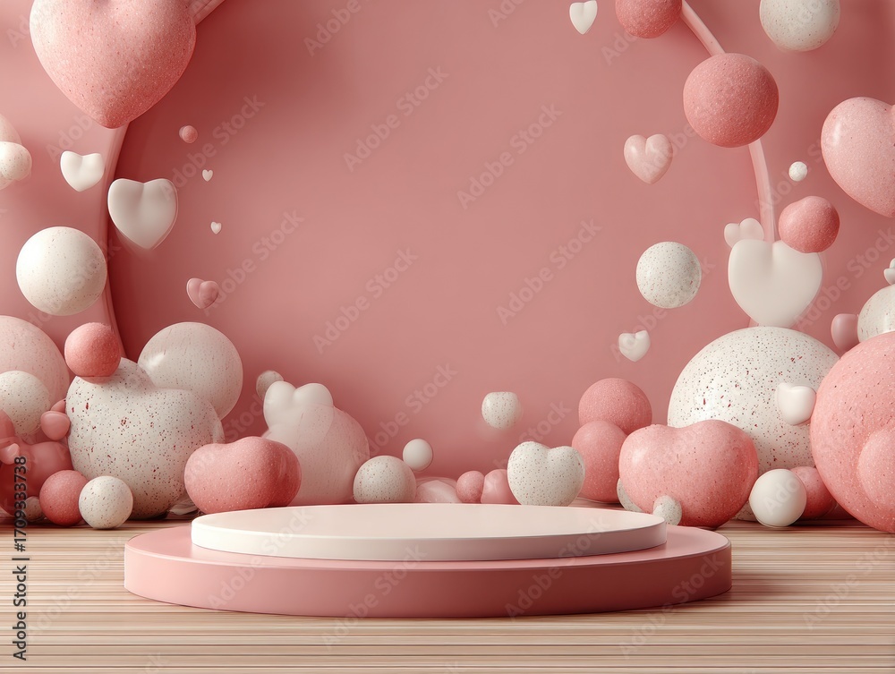 Fototapeta premium Pink & white 3D hearts & spheres, podium