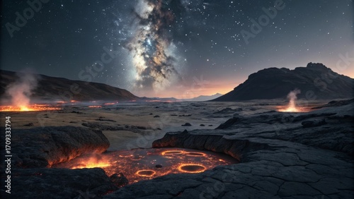 Wallpaper Mural Cosmic Volcanic Landscape: Molten Lava Under Milky Way Night Torontodigital.ca