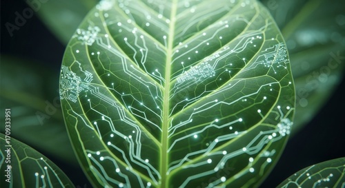 Wallpaper Mural Bio-Tech Integration: Glowing Circuit Veins on Green Leaf Torontodigital.ca