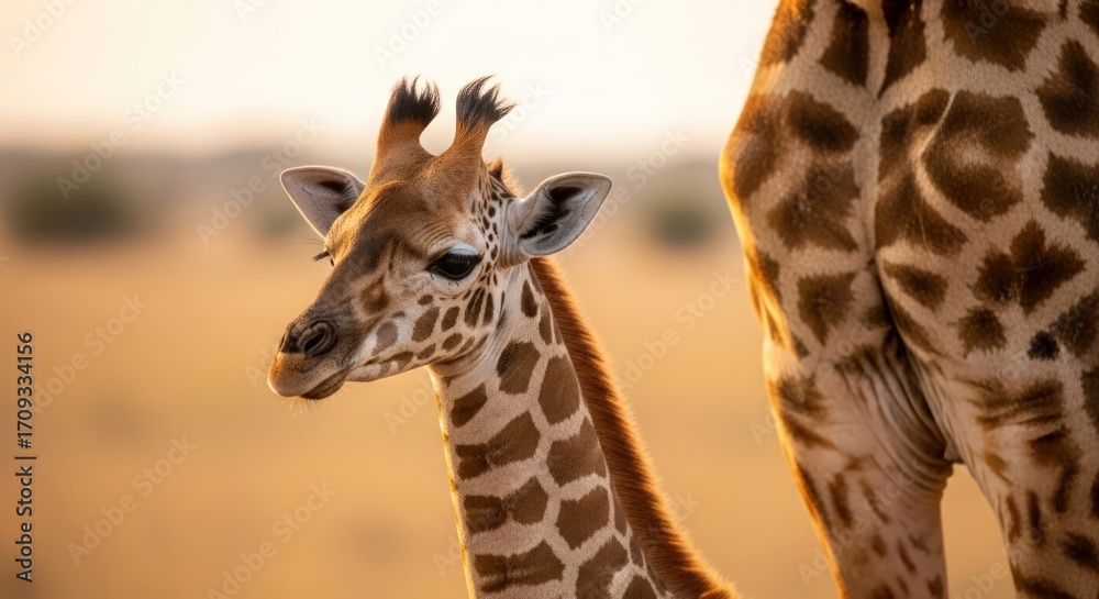 Obraz premium Close-up shot of a baby giraffe standing next to its mother in the wild during sunset.