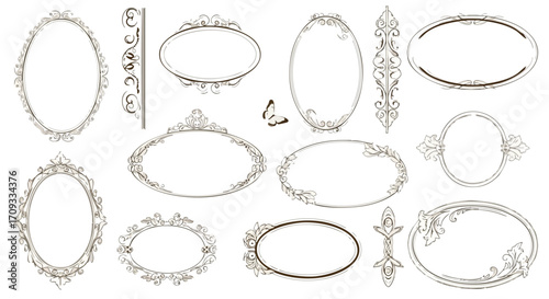 Elegant vintage decorative oval frames with ornate swirls, perfect for invitations, scrapbooking, and graphic design projects.