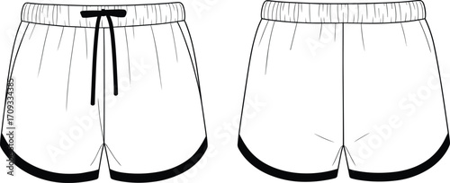 Running shorts vector, front and back view, activewear fashion sketch, elastic waistband shorts, drawstring detail, gym wear template design
