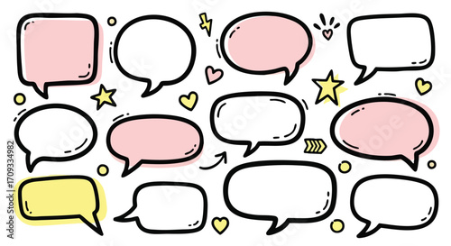 Doodle speech bubbles and icons create playful dialogue and communication backgrounds for creative projects