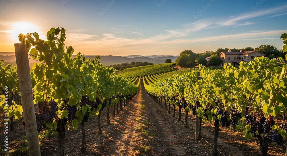 Obraz premium A sun-drenched vineyard stretches towards a rustic farmhouse, bathed in the golden hues of sunset.