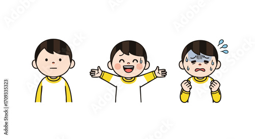 Child expressing various emotions from neutral to joy and extreme stress with clear facial expressions