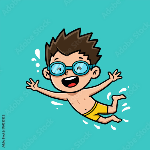 A smiling child with spiky dark brown hair swims underwater in yellow trunks and blue goggles, surrounded by splashes, set against a turquoise background.
