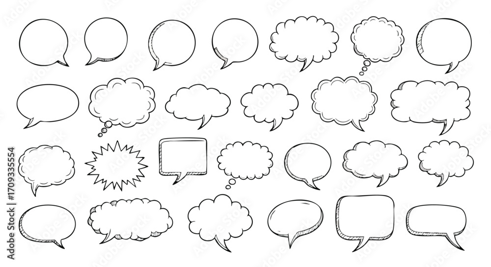 Obraz premium Diverse hand-drawn speech bubbles and thought clouds for creative communication and comic design
