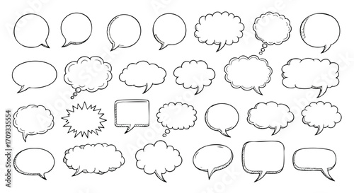 Diverse hand-drawn speech bubbles and thought clouds for creative communication and comic design