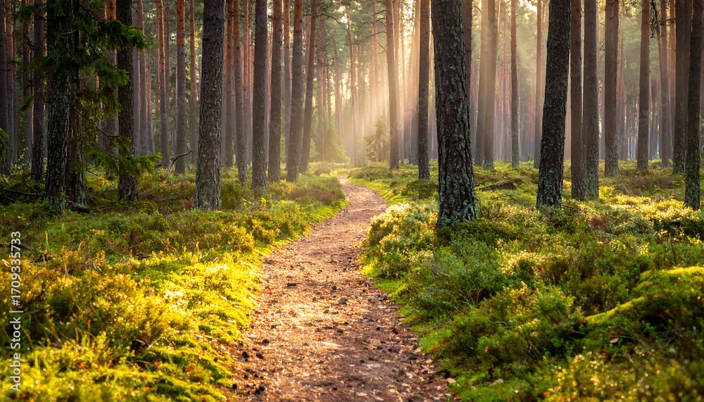 Obraz premium Sunbeams illuminating a forest path