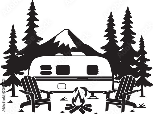 Camping Adventure: A stylized illustration captures the essence of outdoor life with a camper, a crackling bonfire, comfy chairs under the gaze of towering pines and a majestic mountain.