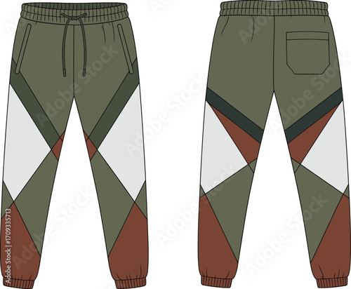 Modern jogger pants with color block pattern, front and back view illustration, trendy athletic wear, stylish men’s casual clothing