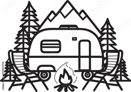 Camping Adventure Illustration: A stylized illustration showcases a serene campsite setting, with a travel trailer at the center, surrounded by trees, mountains, chairs, and a bonfire.