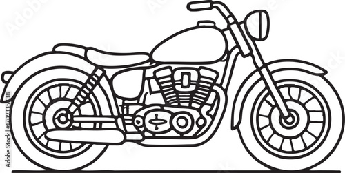 Minimal vector line art of a single detailed motorbike on a pure white background.