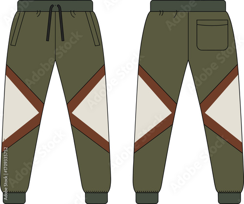 Trendy jogger pants front and back view, stylish color block design, modern athletic wear, casual street fashion illustration