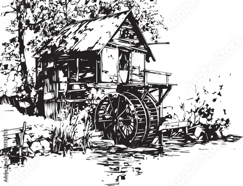 Rustic Mill by the Water: An aged wooden water mill stands peacefully besides the water, accompanied by vegetation, representing a scene of old rustic charm.