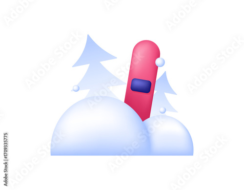 Illustration of a snowboard in a snowdrift with a silhouette of a winter tree. 3D style design. Symbols, elements, outdoor. White background.