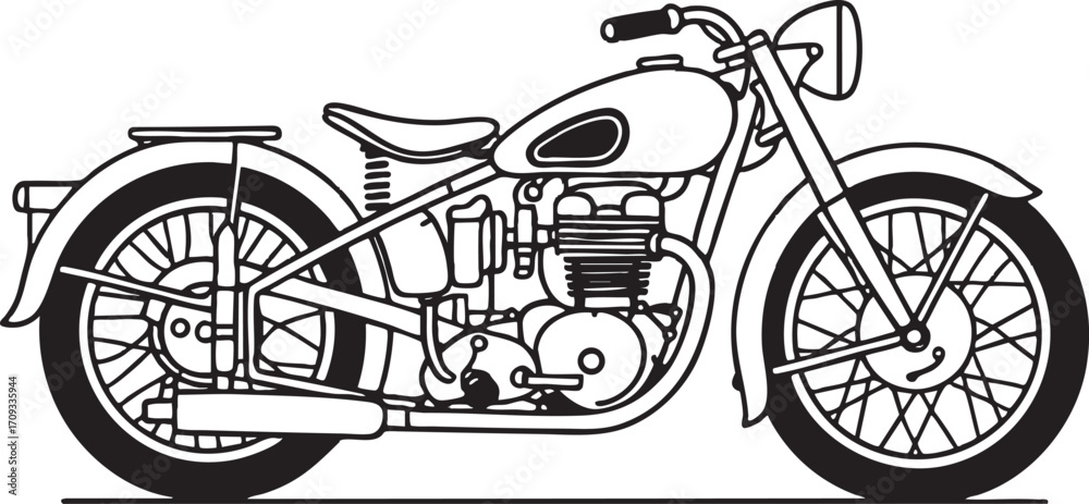 Fototapeta premium Minimal vector line art of a single detailed motorbike on a pure white background.