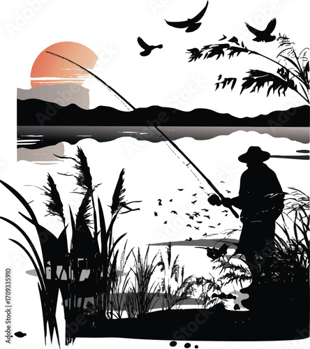 Tranquil Fishing Silhouette: A solitary fisherman casts his line into a serene lake as birds fly overhead, and a serene sunset casts a warm glow over the idyllic scenery.