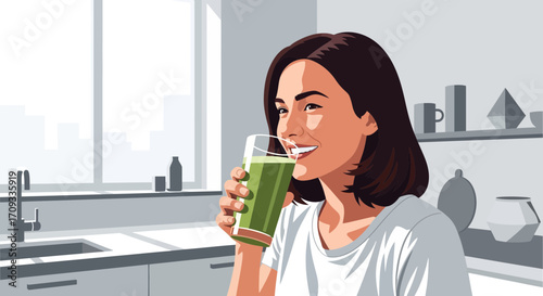 Woman enjoying a healthy green smoothie.
