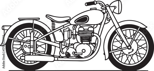 Minimal vector line art of a single detailed motorbike on a pure white background.