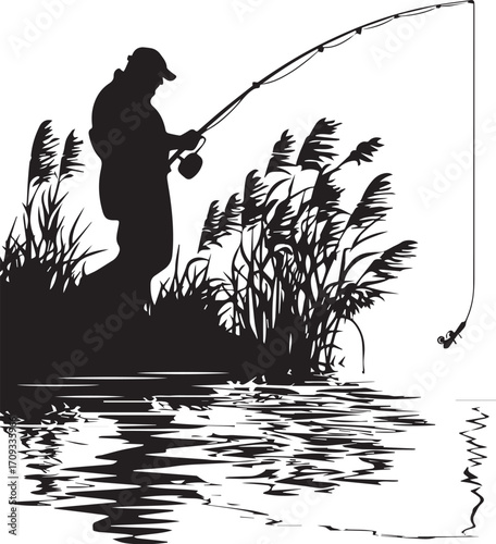A Serene Angler: A silhouette of a fisherman standing on the shore, casting a line into the calm water, with reeds adding depth to the scene, evokes tranquility and the solitary pursuit of angling.