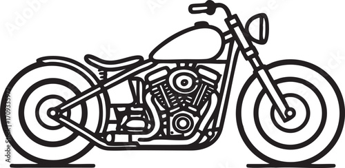 Minimal vector line art of a single detailed motorbike on a pure white background.