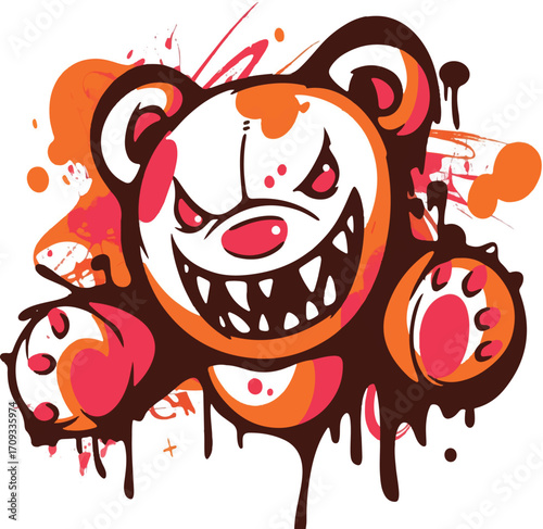 Gritty Bear Illustration: A vibrant, cartoonish illustration of an angry teddy bear with sharp teeth and menacing eyes, creating a bold and energetic image. 