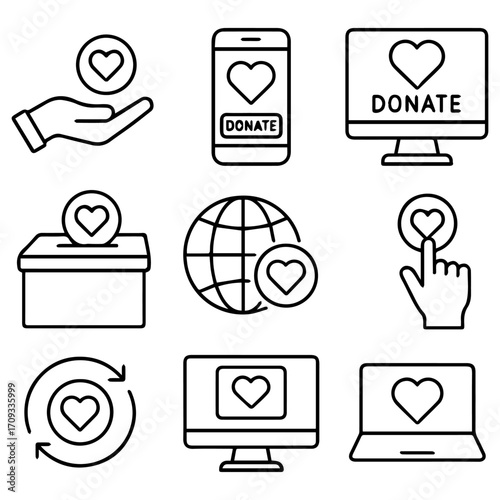 Simple Line Art Icons Representing Online Donation Methods.