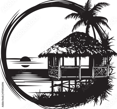 Tranquil Beach Hut: An intricate illustration captures a serene beachfront scene, where a traditional hut stands elegantly, the gentle waves and the sun setting in a captivating silhouette.