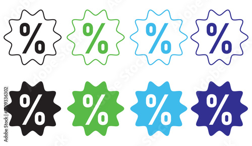 Discount icon set. Discount tag icon. Discount percent sign icon. Round starbursts zigzag shape on sale badge icon in four different colors. Vector illustration.