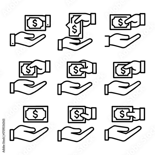 Stylized Hand Icons Presenting Currency Notes with Dollar Signs in a Grid.