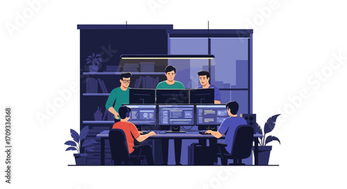 Team of developers collaborating on project.
