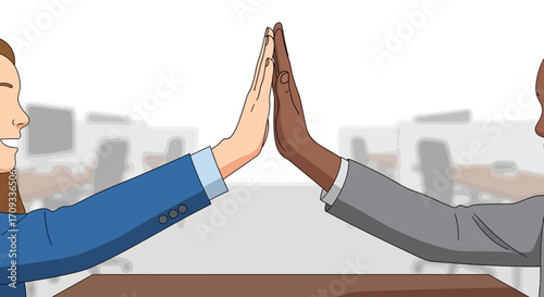 Vector Illustration of diverse business people giving a high five, celebrating teamwork and success in a modern office environment