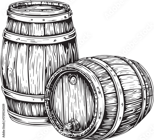 Wooden Barrels: Detailed, artistic illustration of two weathered wooden barrels, one upright and the other on its side, showcasing traditional craftsmanship.