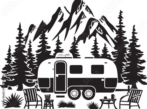 Adventure's Call: Monochrome illustration of a travel trailer nestled amid towering pines and majestic mountains, evoking a sense of freedom and the open road.