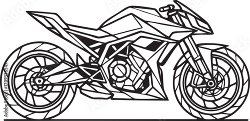 Minimal vector line art of a single detailed motorbike on a pure white background.