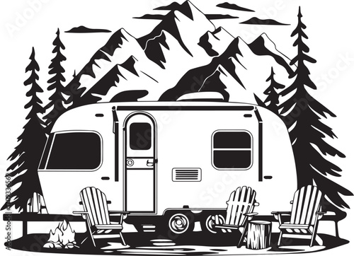 Mobile Escape: A stylized illustration portrays a camper in a serene mountain landscape, complete with pine trees, creating an invitation to venture and explore nature's beauty.