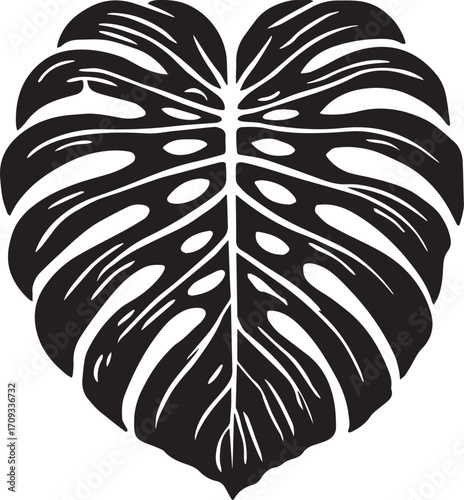 Monstera Leaf Silhouette: A stylish, minimalist graphic showcases the intricate form of a Monstera Deliciosa leaf. This versatile image, ready for a variety of applications.
