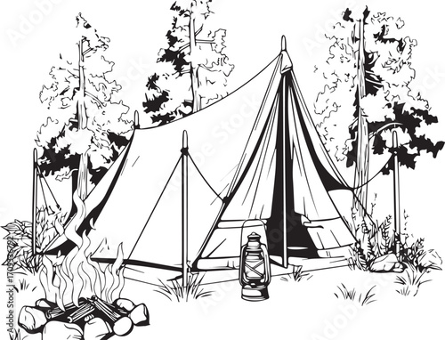 Camping scene: A monochromatic illustration captures the essence of outdoor camping, showcasing a tent pitched amidst a forest with a crackling campfire.