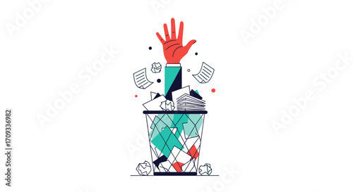 A hand sticking out of a trash can full of crumpled paper and documents.