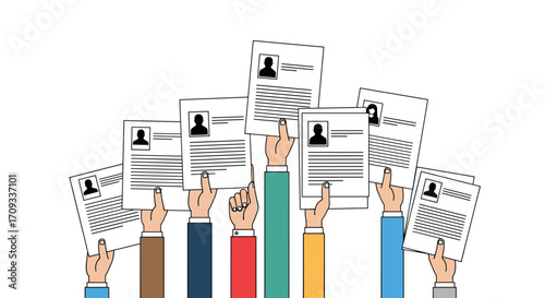 Human hands holding up resumes in a competitive hiring process.