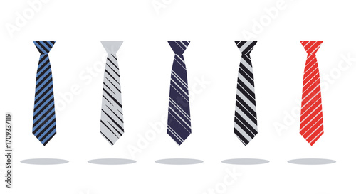 A collection of five patterned ties arranged in a row with shadows beneath them.