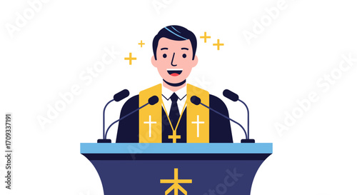 A cheerful minister delivers a sermon from a podium with microphones.