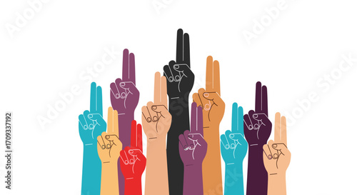 Diverse hands raised together in a symbol of unity and support.