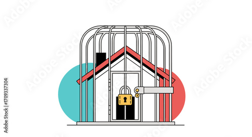 A house trapped inside a birdcage symbolizing restriction and confinement.