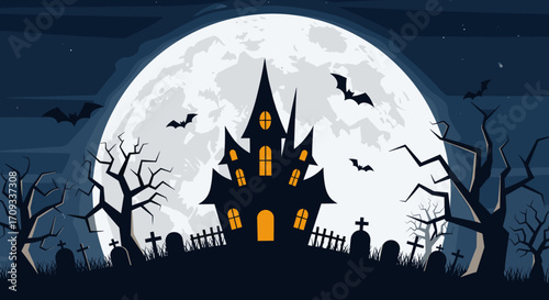 A spooky haunted mansion stands silhouetted against a giant full moon on Halloween night with bats flying.